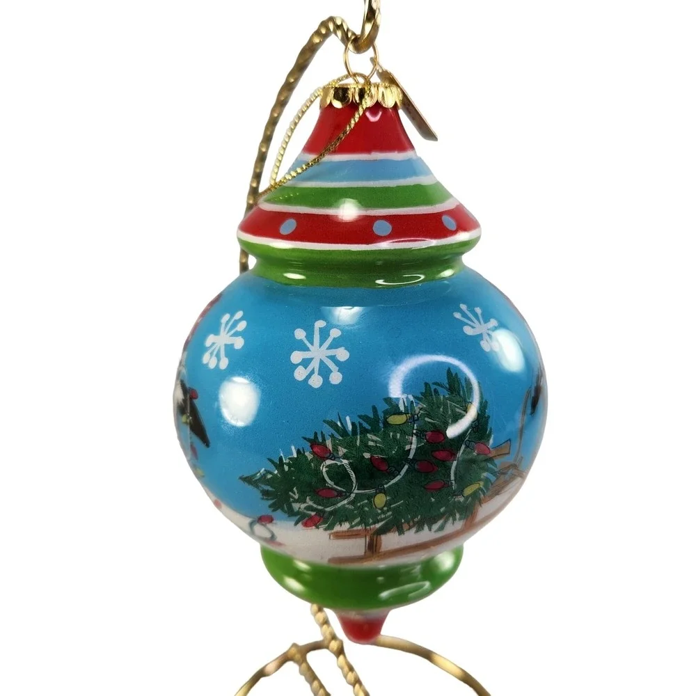 Pier 1 Li Bien Penguins Glass Ornament Handpainted Finial 2017 Gift Box READ